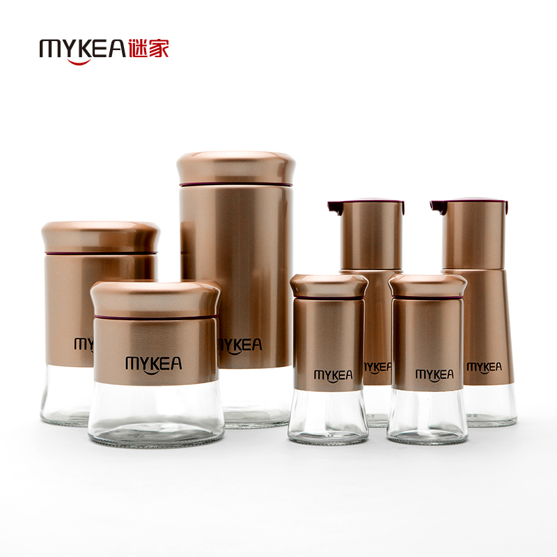 谜家 不锈钢油壶密封罐组合套装调料盒作料盒调味罐厨房佐料盒家用土豪金组合七件套 金色