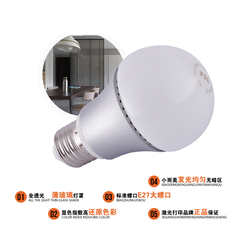 fsl佛山照明led灯泡e27螺口高亮光e14球泡灯b22卡口插口节能灯泡
