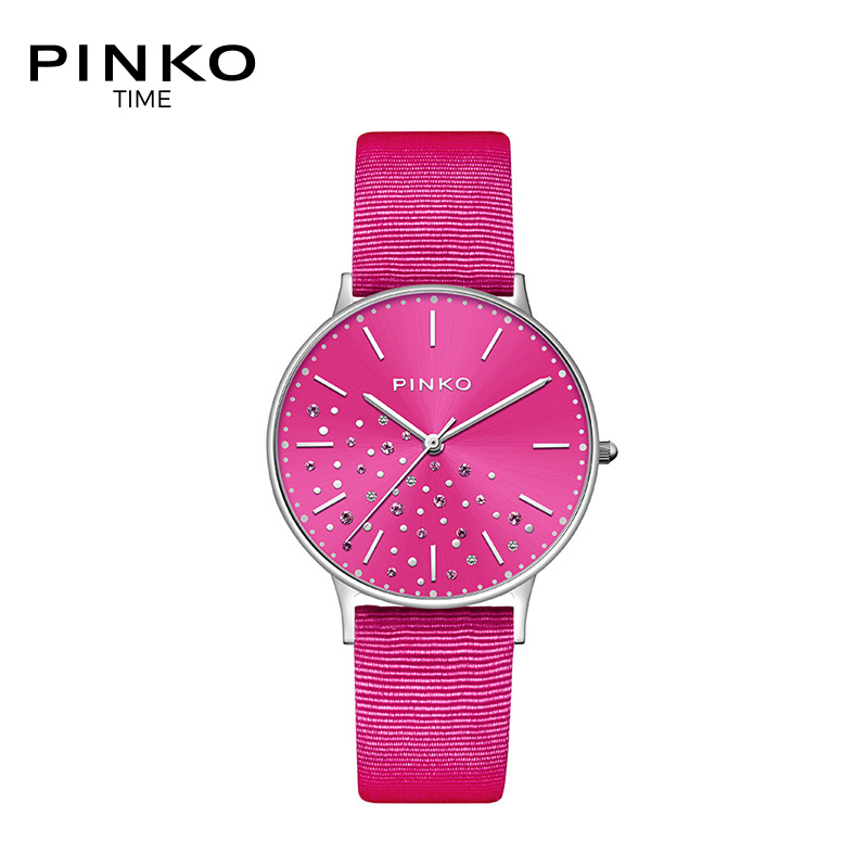 意大利进口PINKO手表 欧美品牌女士简约时尚石英表女Nespolo系列玫红色透气布面编织带