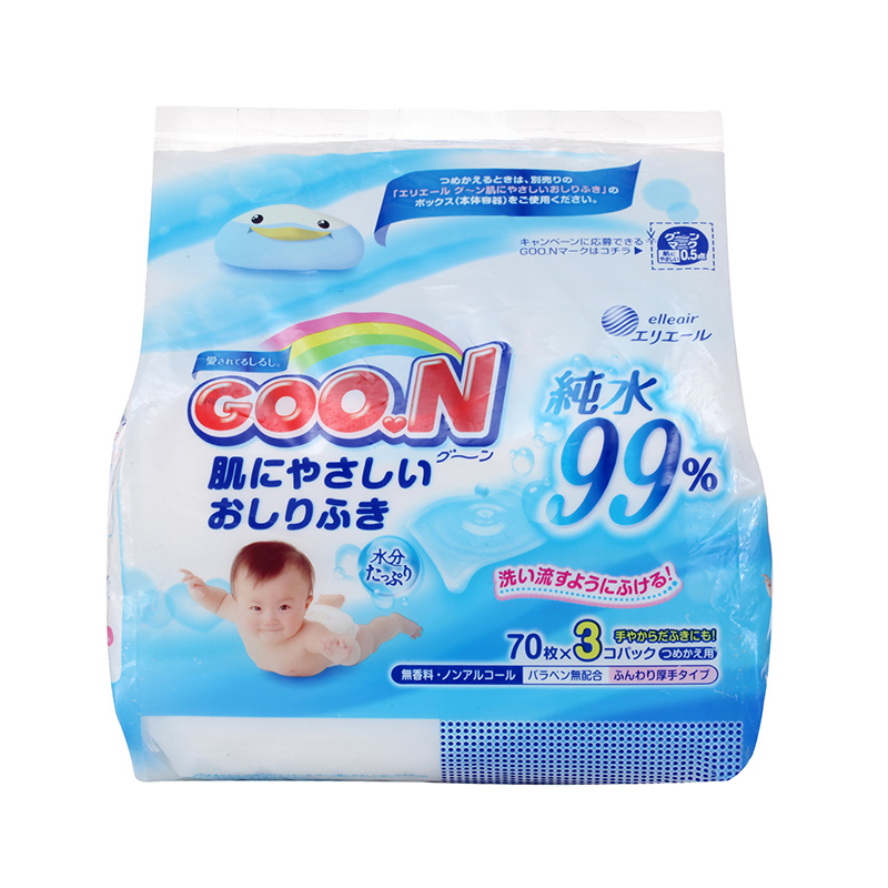大王 GOO.N 超柔水润婴幼儿湿纸巾 替换便携装湿巾 70*3 日本原装进口 手口专用