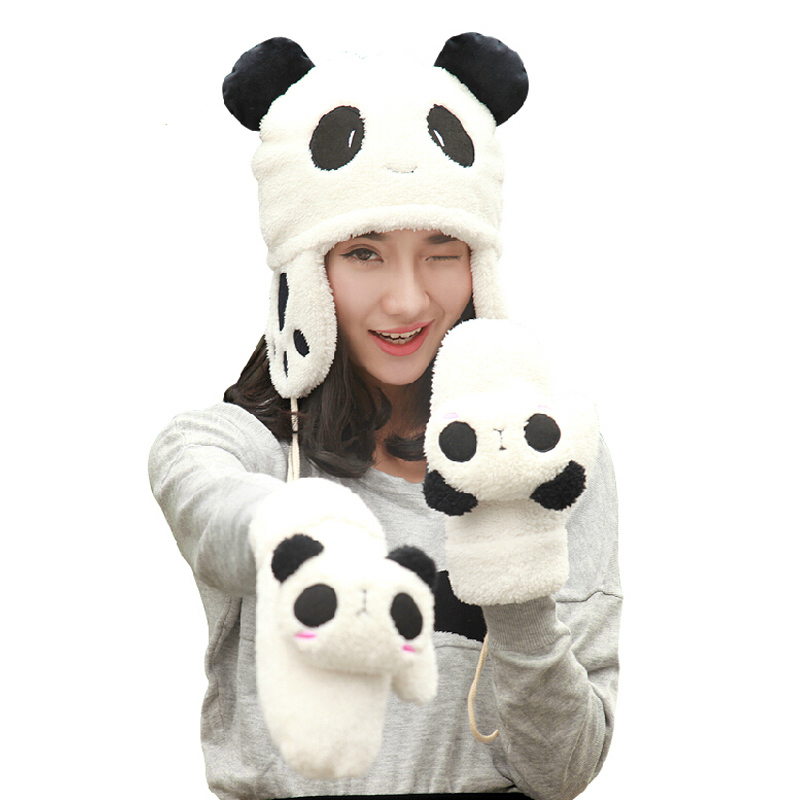 可爱卡通熊猫帽子围巾手套创意冬季保暖帽生日礼物女生连体围巾熊猫帽子围巾手套保暖四件套