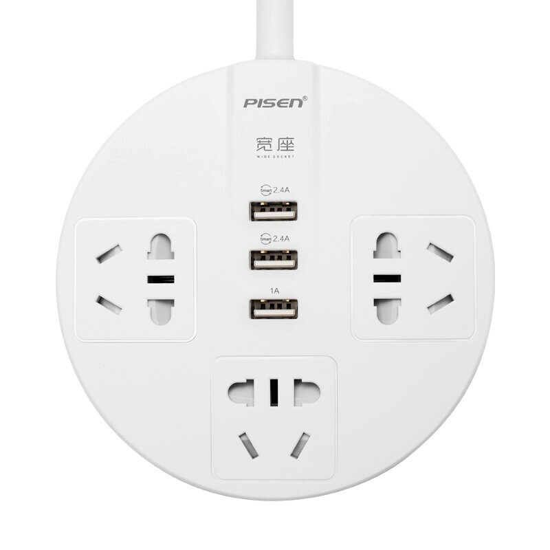 品胜KY-33智能排插宽座 3位5孔3位USB口智能插座 安全保护门 3位USB插线板 圆形1.8米
