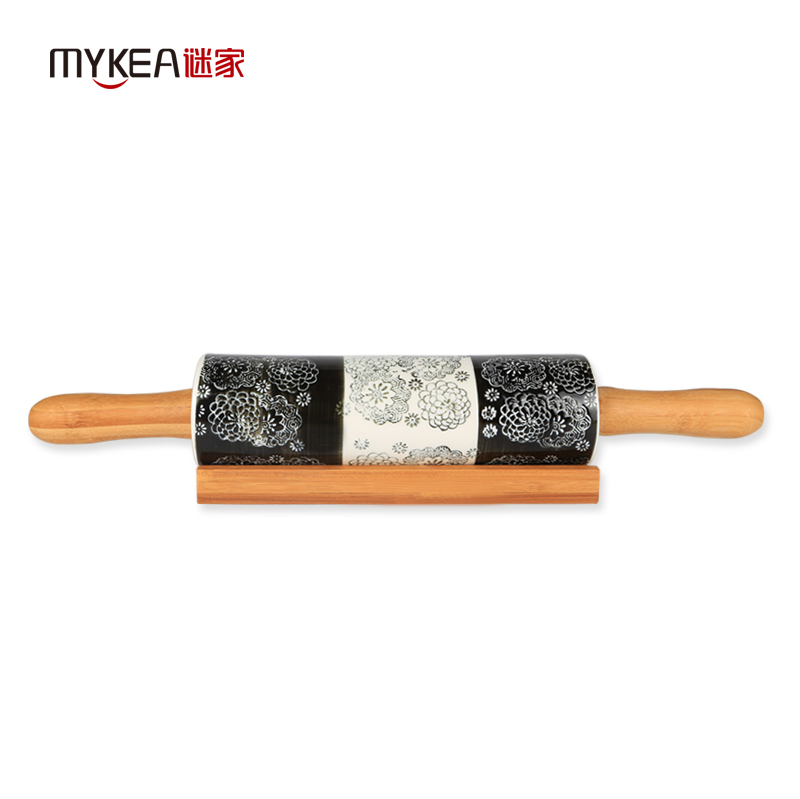 谜家陶瓷擀面杖两头尖压面棍饺子皮擀面棍杆烘焙厨房用品竹木手柄 黑白