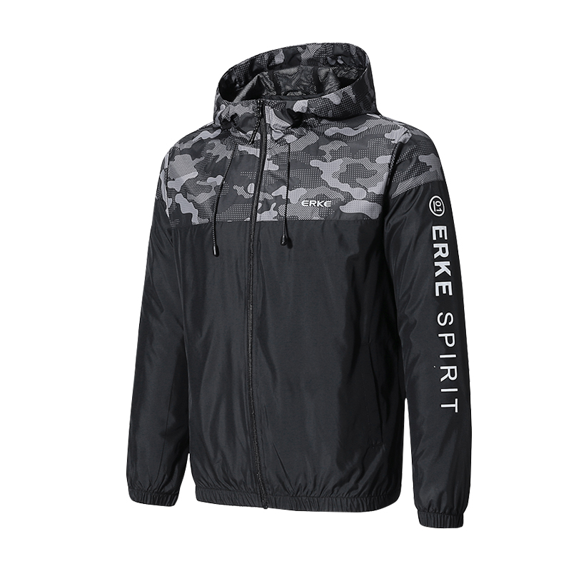 鸿星尔克(ERKE)男款秋季舒适连帽中款运动茄克常规款开衫梭织运动夹克51218115035