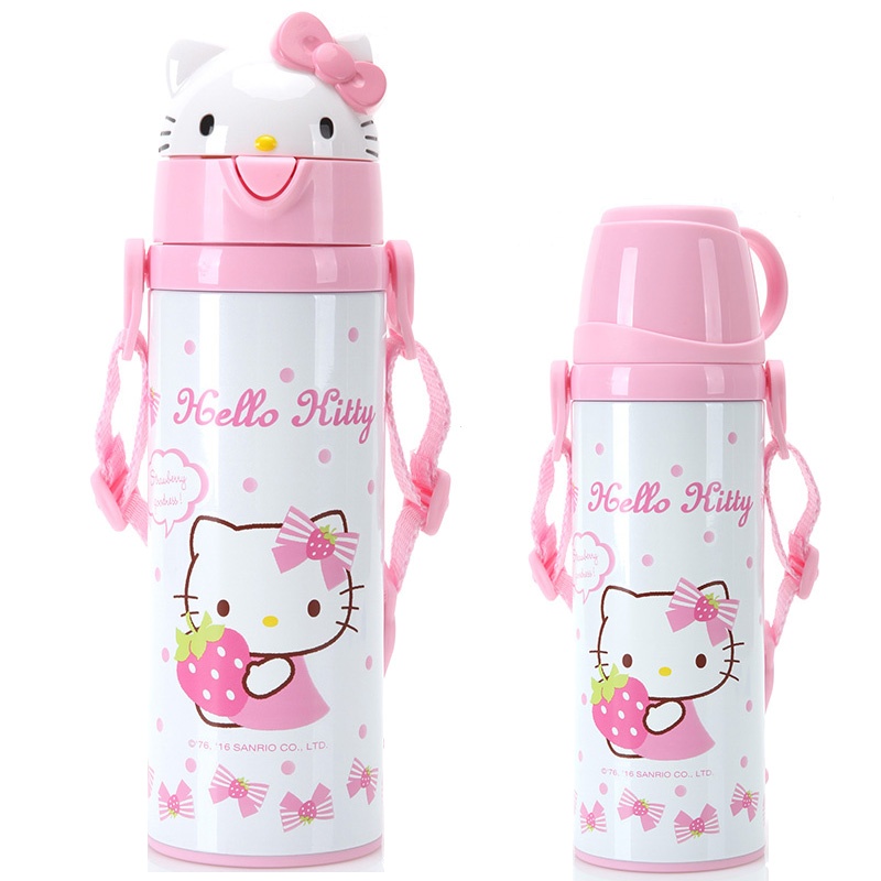 凯蒂猫(HelloKitty双用直饮背带304不锈钢保温用品白色420ml儿童吸管保温杯卡通保温壶便携宝宝水杯一杯两盖