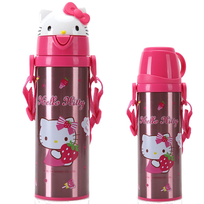 HelloKitty凯蒂猫双用直饮背带304不锈钢保温杯透明粉420ml儿童吸管保温杯卡通小孩保温壶便携宝宝水杯一杯两盖