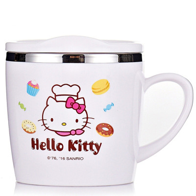 HelloKitty凯蒂猫不锈钢儿童单柄饮水杯宝宝喝水杯200ml白色3个月以上婴儿训练饮水杯带手柄3722