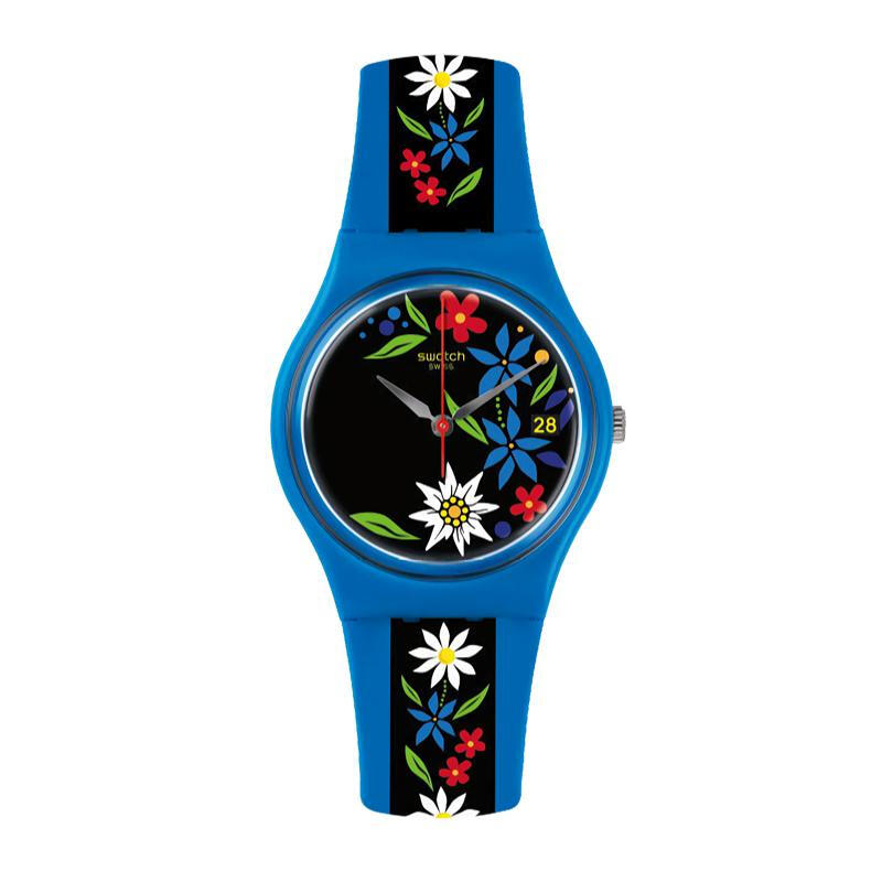 斯沃琪(SWATCH)手表 色彩密码系列 瑞士特色 花朵图案 蓝色树脂表带 石英男女通用表GN412