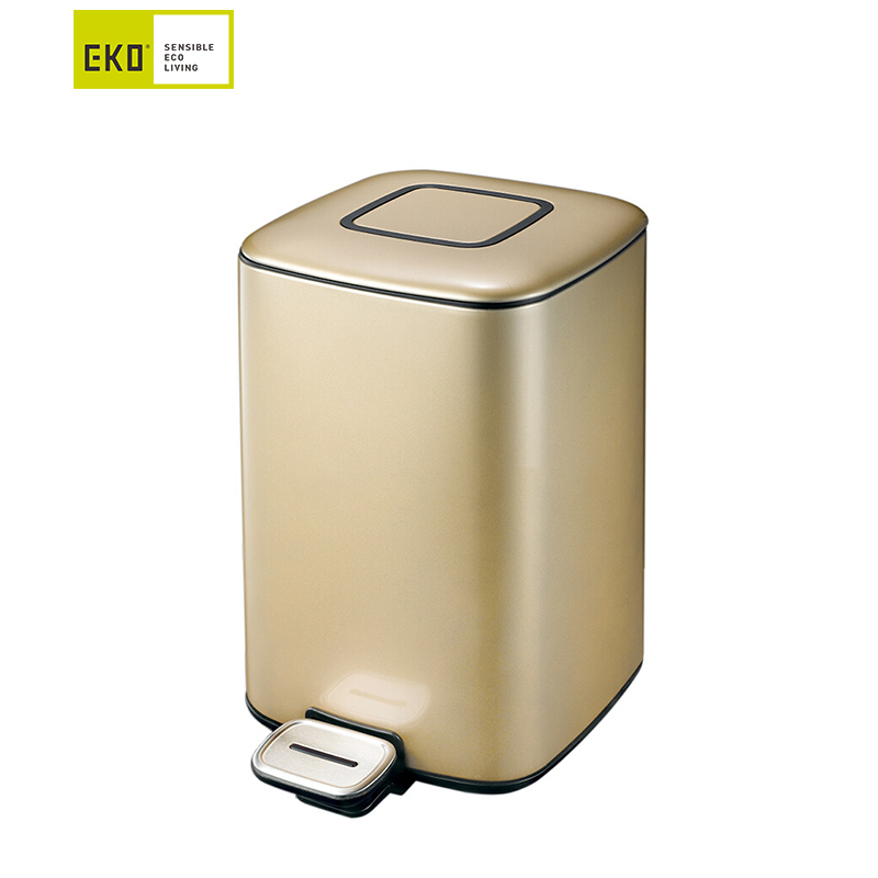 EKO(宜可)不锈钢脚踏垃圾桶 家用小号大号翻盖厨房卫生间厕所客厅欧式方形静音垃圾筒 9388 香槟金 6升