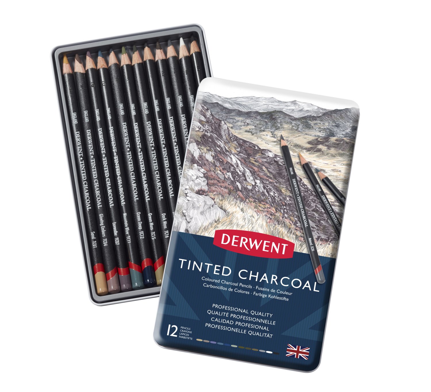 DERWENT Tinted Charcoal 12 英国进口得韵 12色彩色炭笔铁盒套装打破普通炭笔只有黑色的色调特性