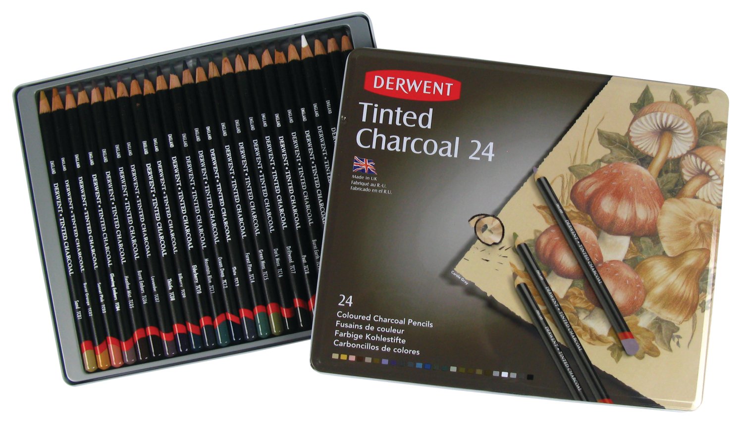 DERWENT Tinted Charcoal 24 英国进口得韵 24色彩色炭笔铁盒套装打破普通炭笔只有黑色的色调特性