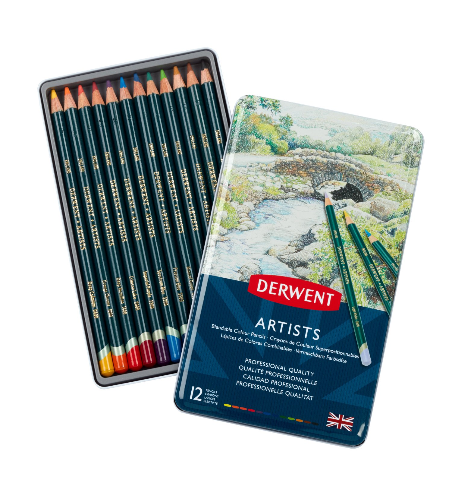 DERWENT Artists 12 英国进口得韵 12色艺术家彩铅铁盒套装 蜡质纹理,非常适合进行分层和混合
