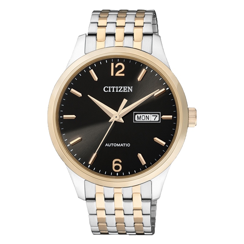 西铁城(CITIZEN)手表男日本时尚自动机械间金色黑盘双日历显示钢带男表NH7504-52EB