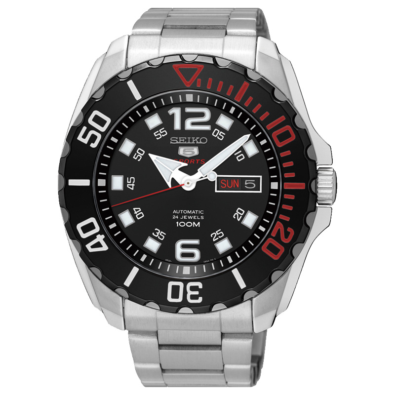 精工(SEIKO)手表 精工5号原装进口自动机械表商务休闲运动防水户外夜光双历功能计时男表黑盘钢带 SRPB35J1