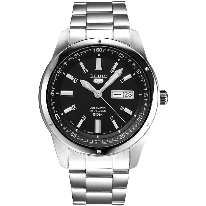 精工(SEIKO)手表 精工5号系列智慧夜光防水商务休闲自动机械男表黑盘钢带 SNKN13J1