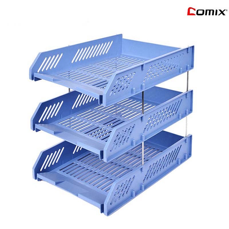 齐心B2060文件框三层文件盘文件座文件筐资料架办公收纳筐 蓝色