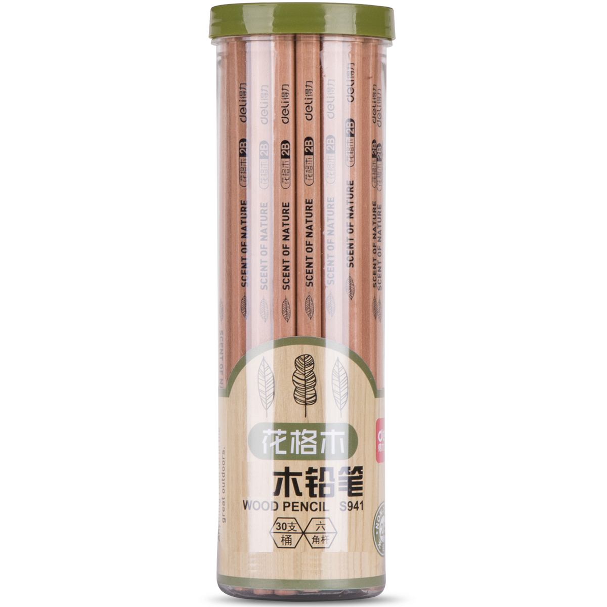 得力 S941 六角原木2B铅笔学生绘画素描练字铅笔 30支/桶