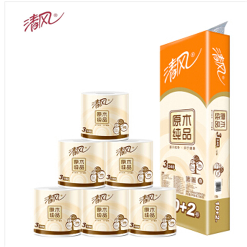 清风 B24C4CP1原木纯品 3层240段卷纸*12卷