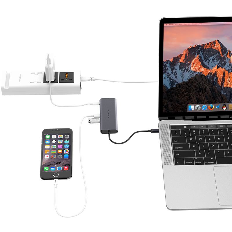 Lention蓝盛 C68六合一转换器 苹果笔记本usb-c扩展坞 Type-c转usb3.0转有线网口投影读卡 深空灰