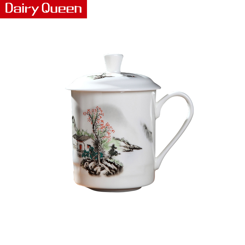 景德镇陶瓷茶杯陶瓷青山红树1只装带盖会议杯骨瓷大号水杯子礼品杯办公杯