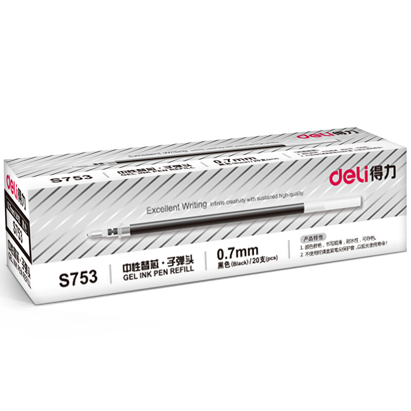 [精选]得力(deli) S753 0.7mm黑色子笔芯 中性笔水笔签字笔替芯 20支/盒