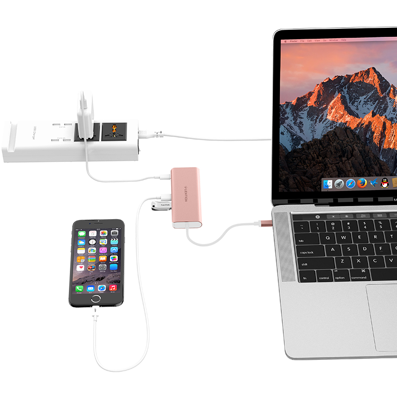Lention蓝盛 C68六合一转换器 苹果笔记本usb-c扩展坞 Type-c转usb3.0转有线网口投影读卡 玫瑰金