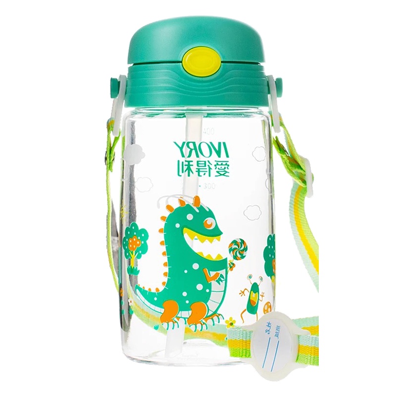 爱得利(IVORY)水壶TRITAN特丽透吸管杯水杯儿童400mL 绿色 背带吸管杯 适用年龄:18个月以上
