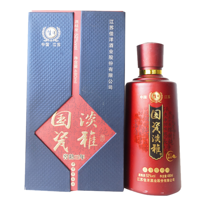 洋河镇佳洋股份出品 国瓷淡雅窖龄三年 52度 浓香型白酒 480ml 6瓶装