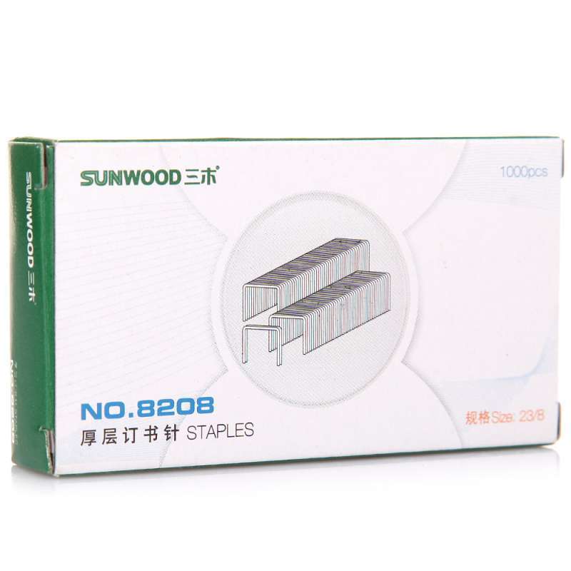 三木(SUNWOOD)50页 1000枚/盒 10盒/包 23/8 厚层 订书针 8208 (单位:包)