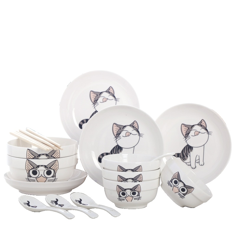 富昱景 餐具套装18头碗碟套装家用国产景德镇陶瓷中式米饭碗 碗具碗筷盘子 起司猫