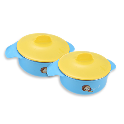 阳光飞歌 304不锈钢儿童碗 双层多用防烫防摔耳朵有盖儿童婴儿碗2只装(蓝色款)FEX-0236
