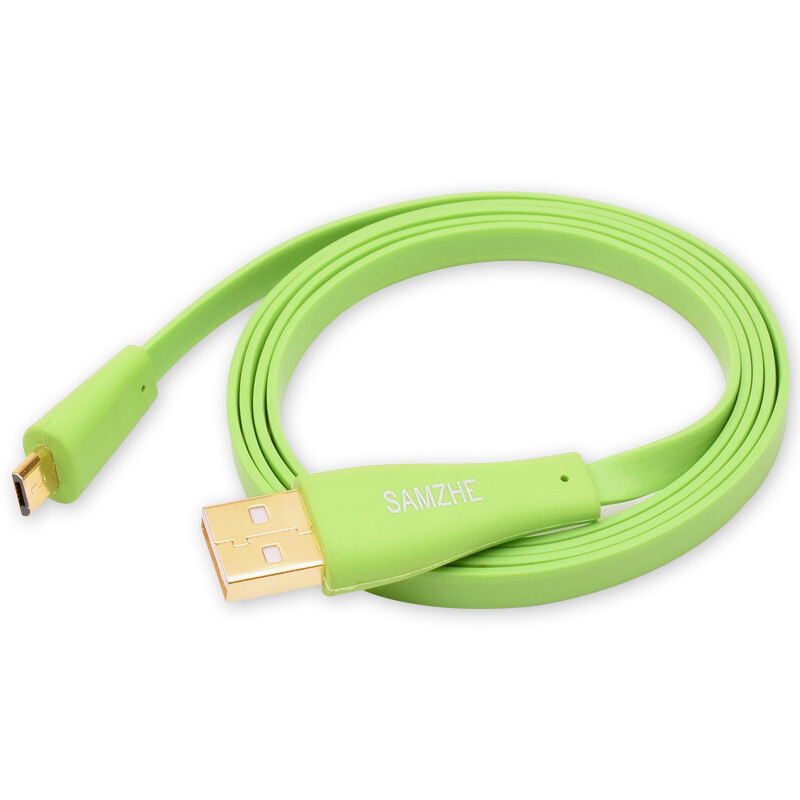 山泽(SAMZHE)镀金扁平三星/HTC等手机连接线 绿色1米 QSU-701 10根装