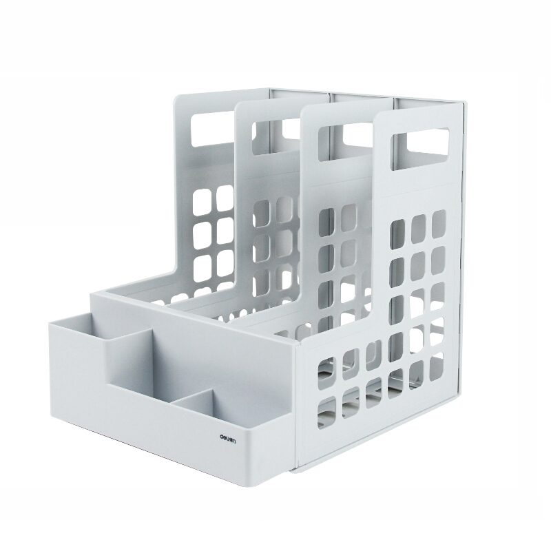 【精选】得力(deli)文件框三栏桌面办公四联文件座多功能收纳架文件夹筐资料架子带笔筒78982 深灰