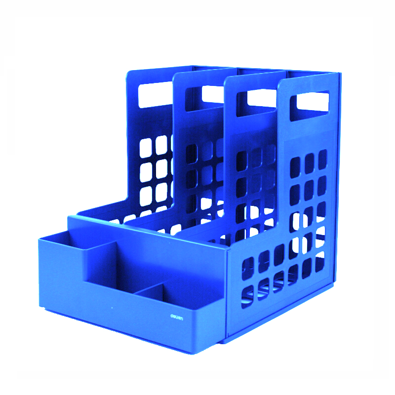 [精选]得力(deli)文件框三栏桌面办公四联文件座多功能收纳架文件夹筐资料架子带笔筒78982 蓝色