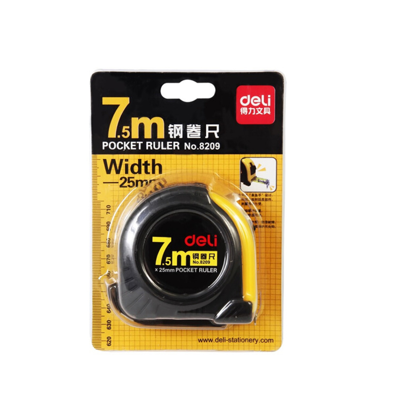 得力(deli)钢卷尺8209 测量工程尺 鲁班尺 全包胶钢卷尺(7.5米)5个装