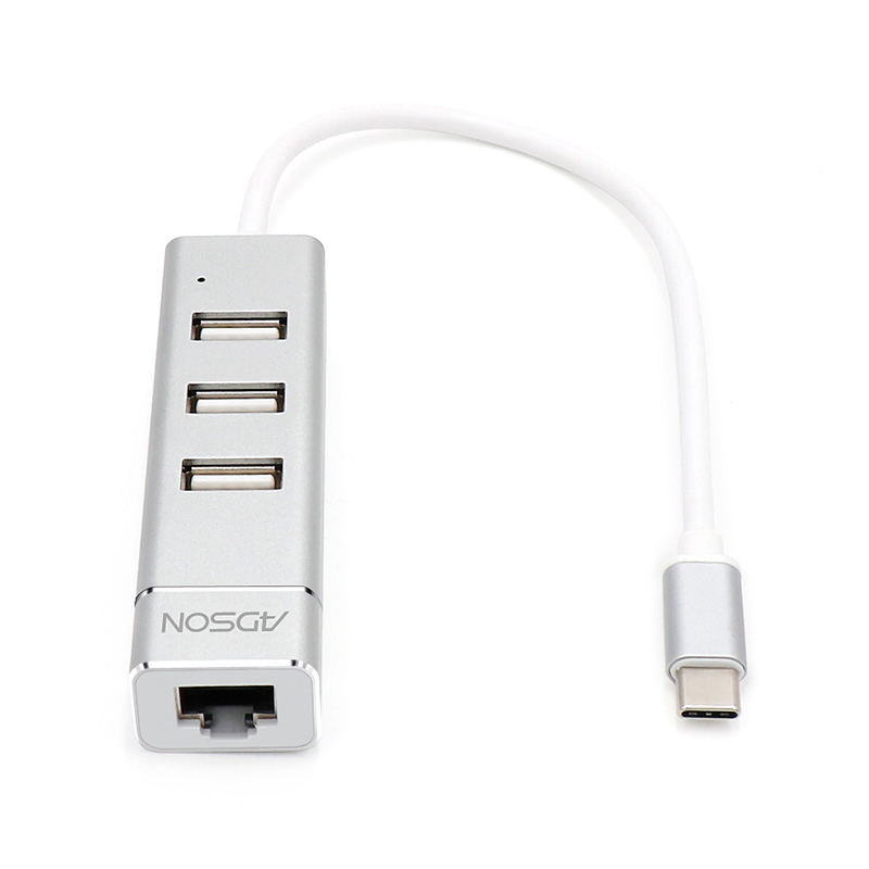 ADSON艾德生TYPE-C转USB3.0 三口集线器+千兆网卡