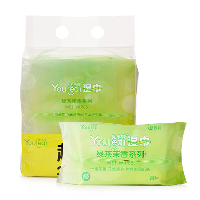 优乐琪(Youleqi) 湿巾 绿茶茉香系列湿纸巾超值3连包 80片*3包装 整提通用湿纸巾