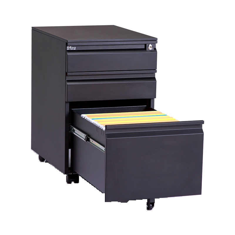 HiBoss 活动柜矮柜文件柜三抽屉带锁铁皮柜加厚钢制桌下柜挂快捞柜