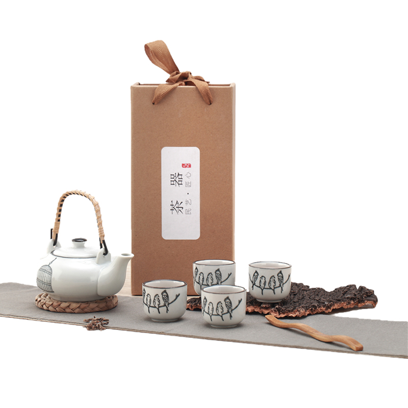 靓佳 茶具 高温 釉下彩 茶具小鸟1壶4杯套装 陶瓷茶具 整套茶具 小功夫茶具 小茶具