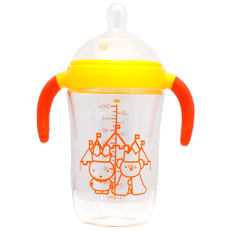 米菲(Miffy)广口径玻璃奶瓶240ml(橙色)带手柄耐高温