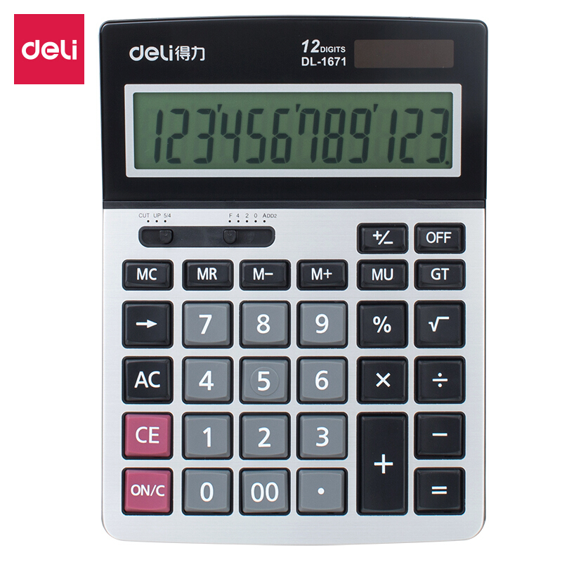 【精选】得力（deli）1671A 商务办公大屏幕/塑胶按键太阳能双电源桌面计算器 12位