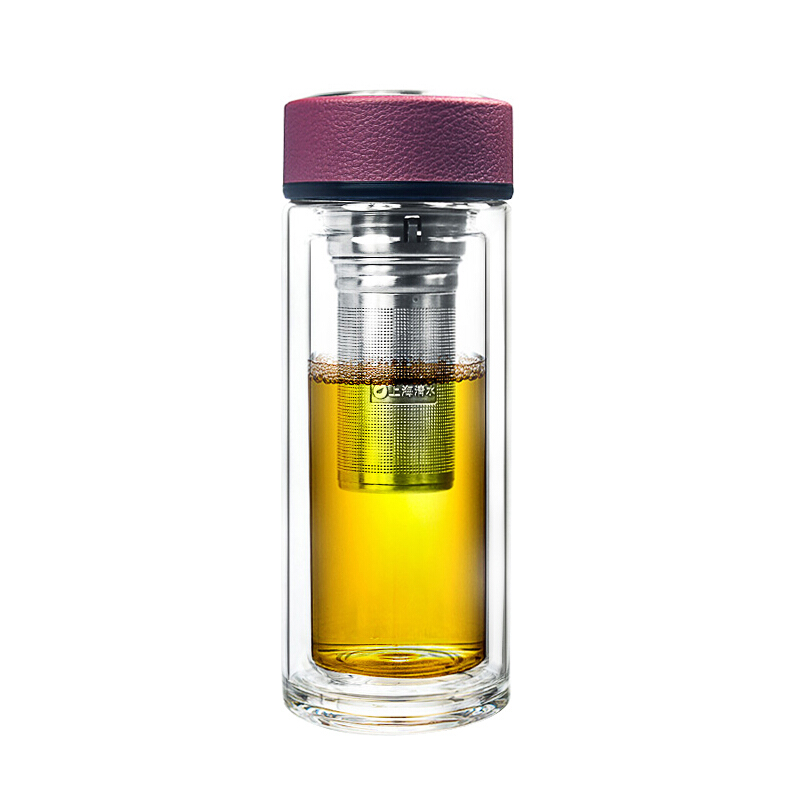 [精选]清水(SHIMIZU)双层玻璃杯带盖过滤茶杯透明玻璃水杯子礼盒8012 玫红色 320ml
