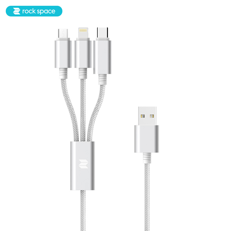 洛克(ROCKSPACE)苹果/Type-c/安卓数据线 三合一手机充电线一拖三苹果小米华为三星通用B款1.2米白色