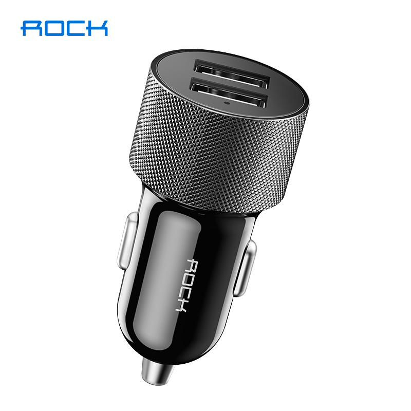 洛克(ROCK)车载充电器一拖二点烟器车充快充2.4A双USB汽车充电器黑色
