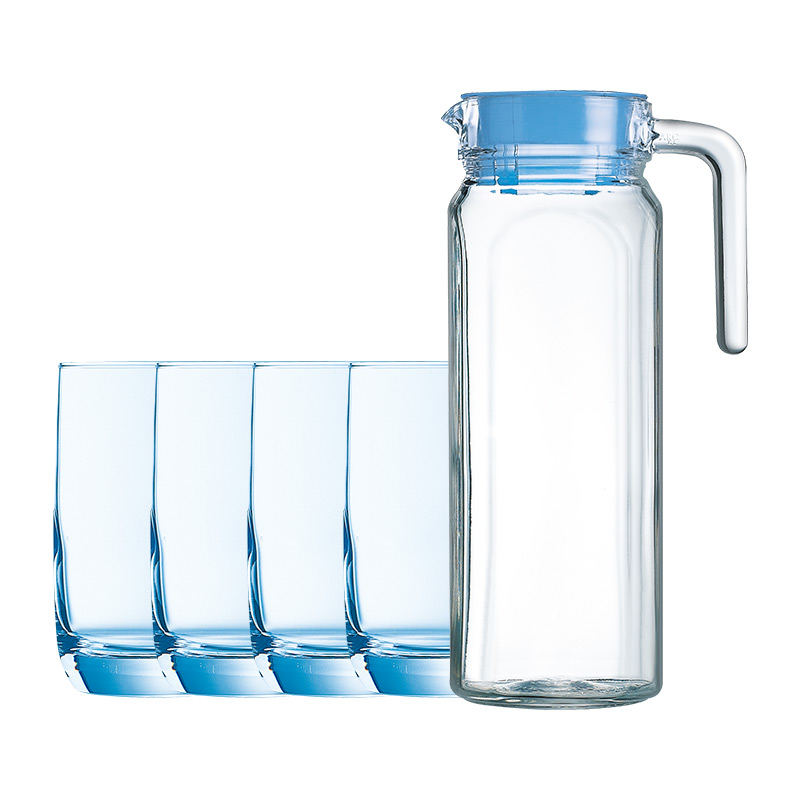 乐美雅Luminarc玻璃直身壶冷水壶水杯冰蓝五件套 L1769