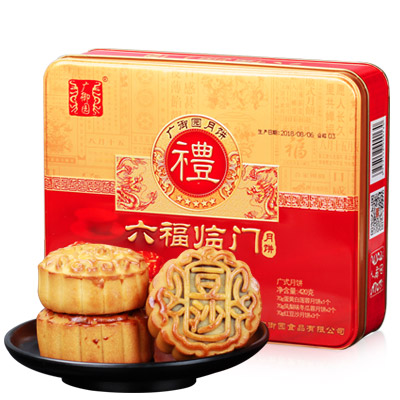 广御园六福临门420g蛋黄莲蓉月饼6个3口味铁罐礼盒装