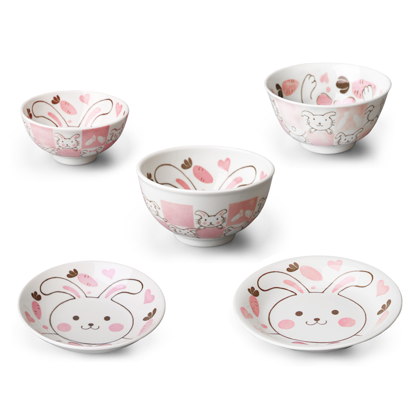 美浓烧日本进口儿童陶瓷碗套装家用创意可爱粉兔日式餐具(十件套)