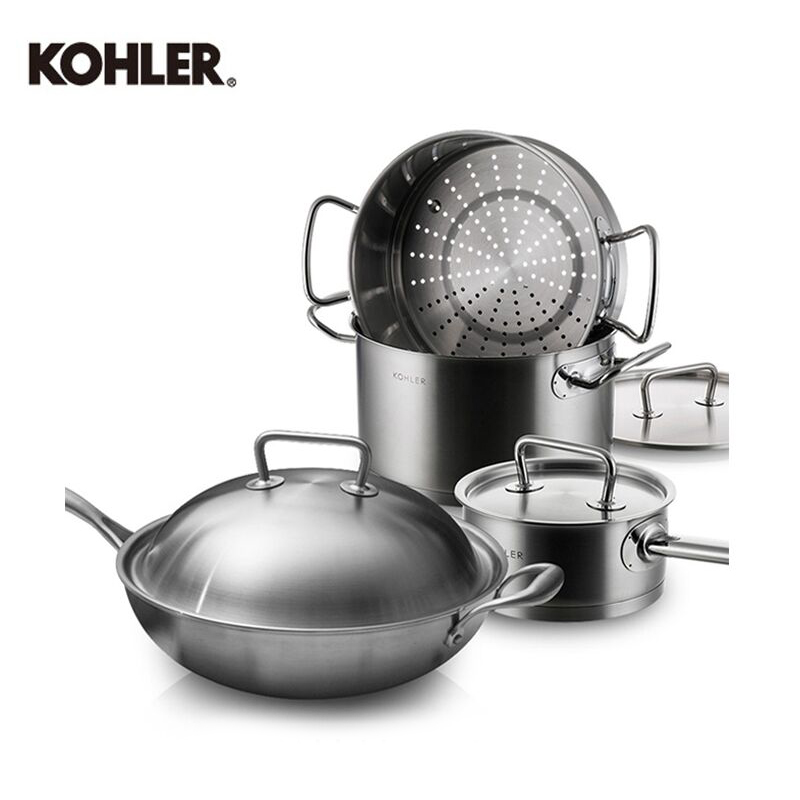 科勒(KOHLER) 厨房304不锈钢锅具4件套装燃气电磁炉 炒锅炖锅蒸锅奶锅锅具套装组合52112 锅具4件套 经典系