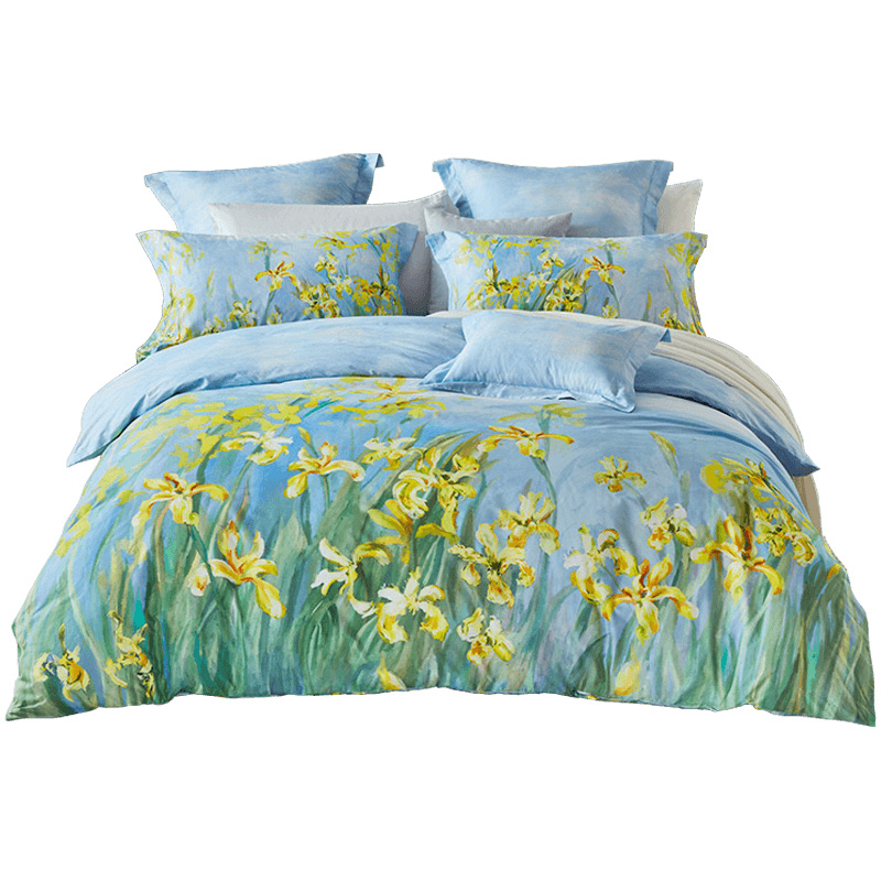 LOVO家纺罗莱生活出品床品四件套全棉斜纹莫奈画作元素 精致绗缝 床上用品纯棉床单被套1.5/1.8米床岸边的鸢尾花