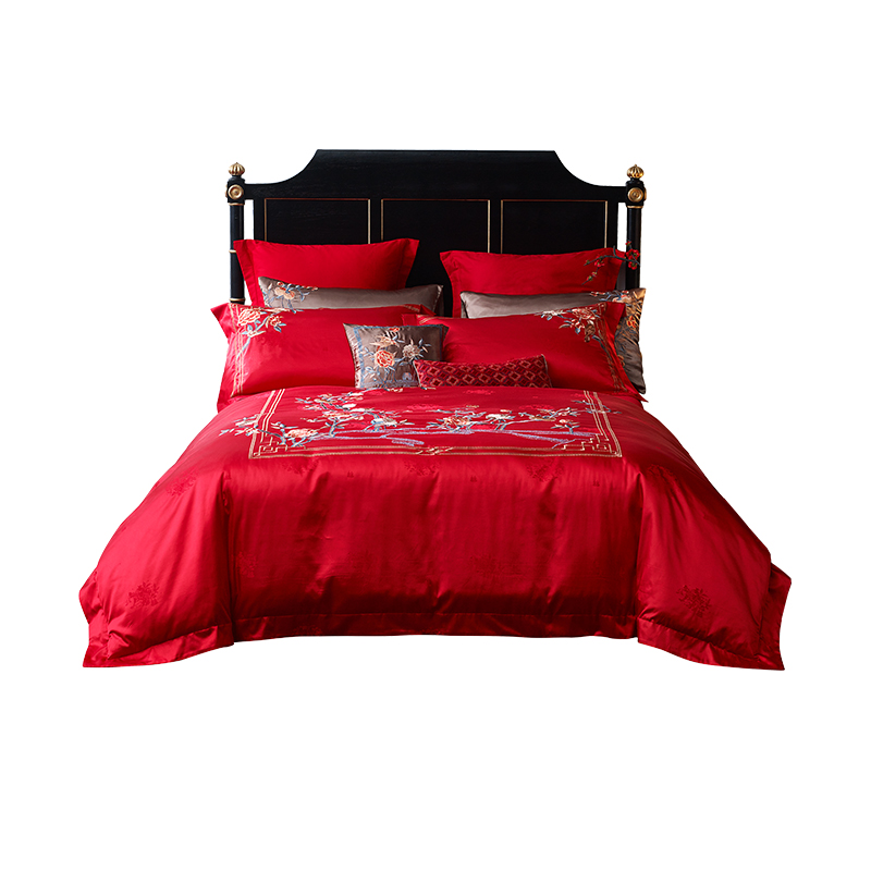 LOVO家纺罗莱生活出品床品六件套华美刺绣提花浪漫婚庆套件新中式大红花嫁床上用品床单被套1.5/1.8米床比翼双飞